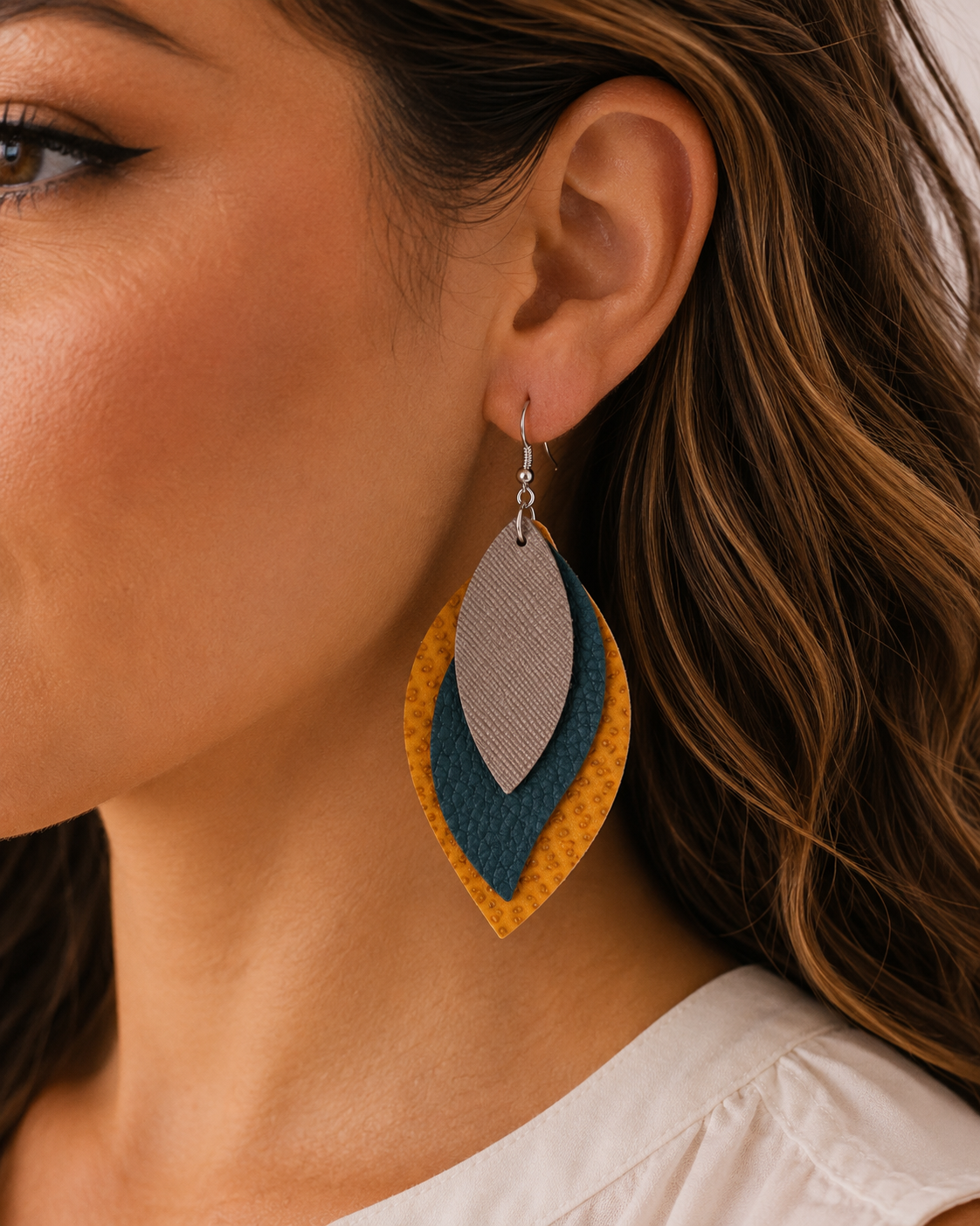 Leaf Multi-Layer S-Shaped Leather Earrings, Retro Women Three-Layer Leather earrings