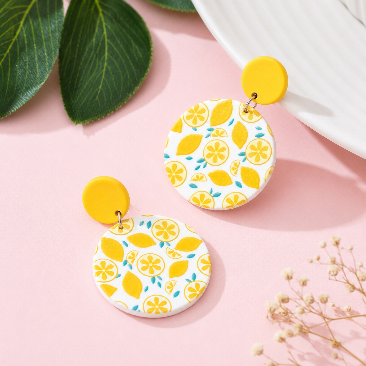 Summer Lemon Print Enamel Faux Soft Pottery Design Fashion Jewelry Earrings