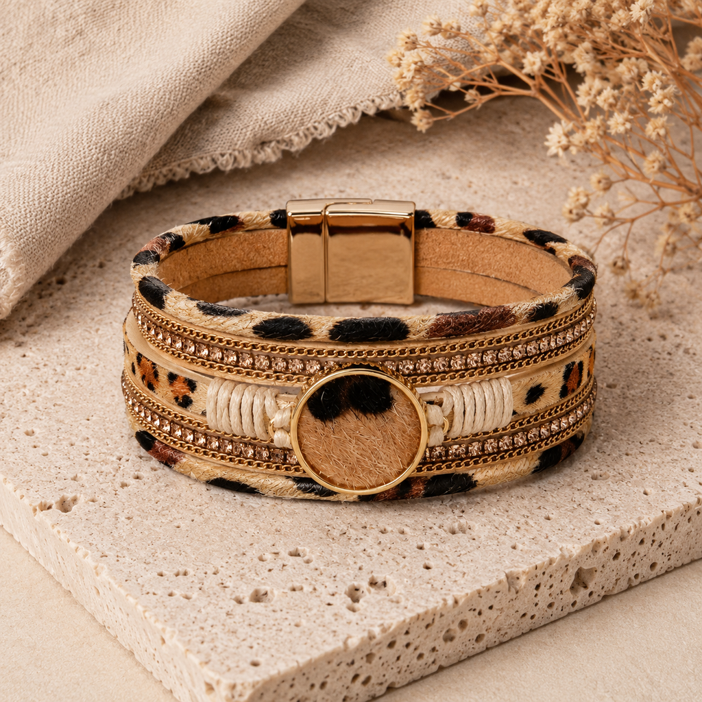 Leopard Bohemian Style Bracelet, Leather Stack Design