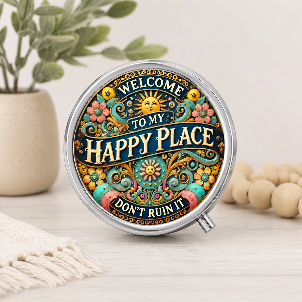 Funny Pill Case – "Welcome to My Happy Place, Don't Ruin It" Compact Pill Box – Vintage Floral Medication Organizer – Snarky Gift for Women