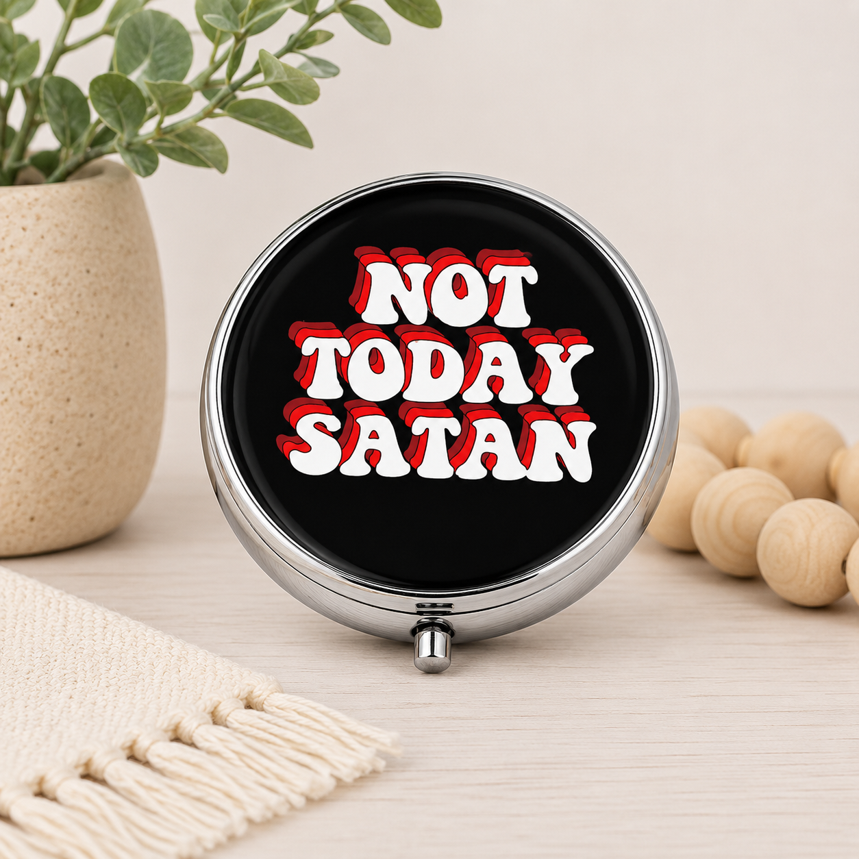 Not Today Satan Pill Case – Funny Pill Organizer – Sarcastic Medication Box – Retro Goth Vitamin Holder – Christian Humor Gift for Women