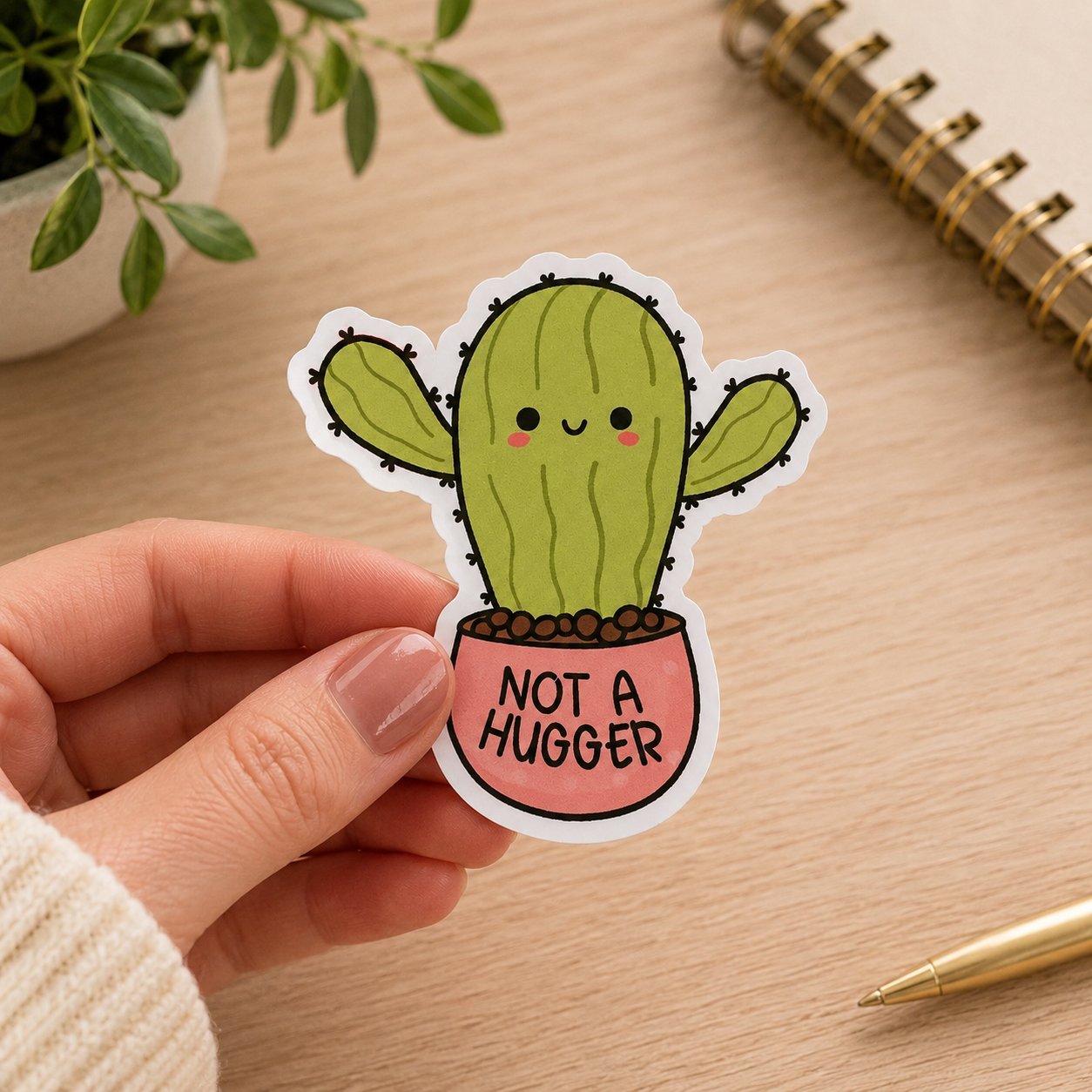 Cute Cactus Sticker – “Not A Hugger” Vinyl Sticker – Funny Introvert Sticker – Waterproof Laptop Decal – Plant Lover Gift