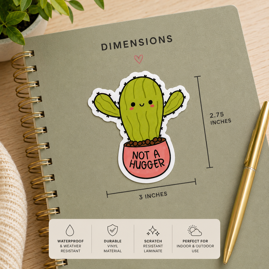 Cute Cactus Sticker – “Not A Hugger” Vinyl Sticker – Funny Introvert Sticker – Waterproof Laptop Decal – Plant Lover Gift