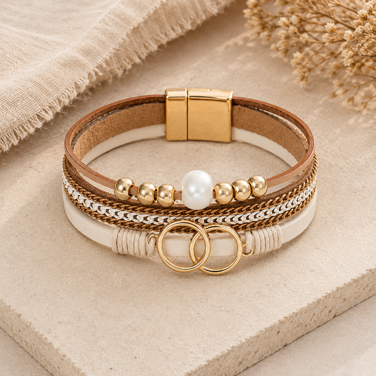 Pearl and Gold Charm Leather Stacked Bracelet