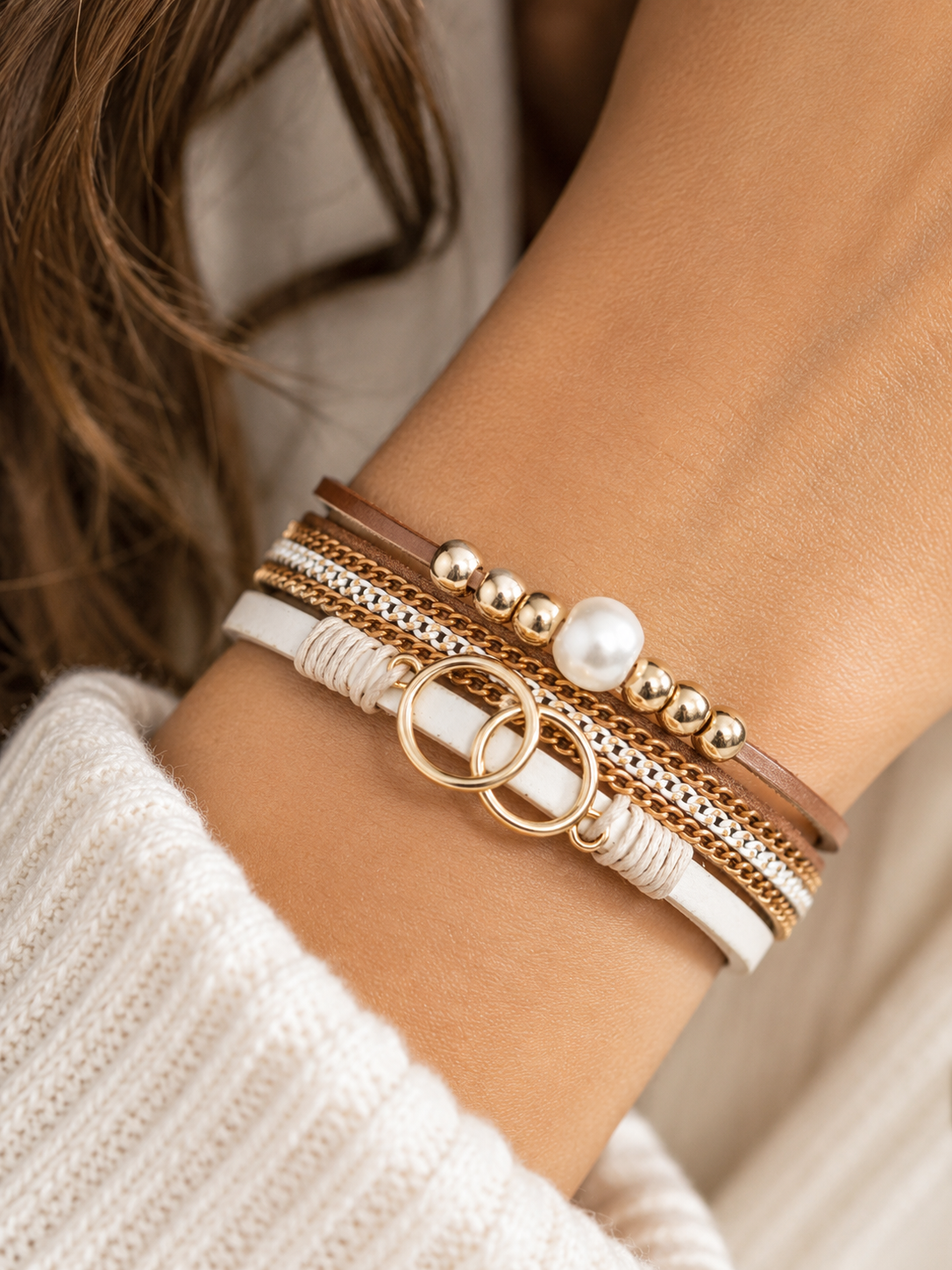 Pearl and Gold Charm Leather Stacked Bracelet