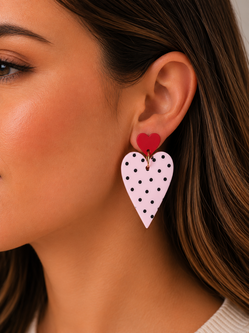 Pink Polka Dot Clay Heart Earrings