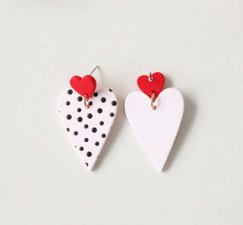 Pink Polka Dot Clay Heart Earrings