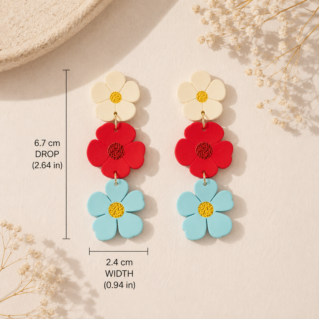 Spring/Summer White, Red, Blue Floral Print Clay Earrings