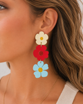 Spring/Summer White, Red, Blue Floral Print Clay Earrings