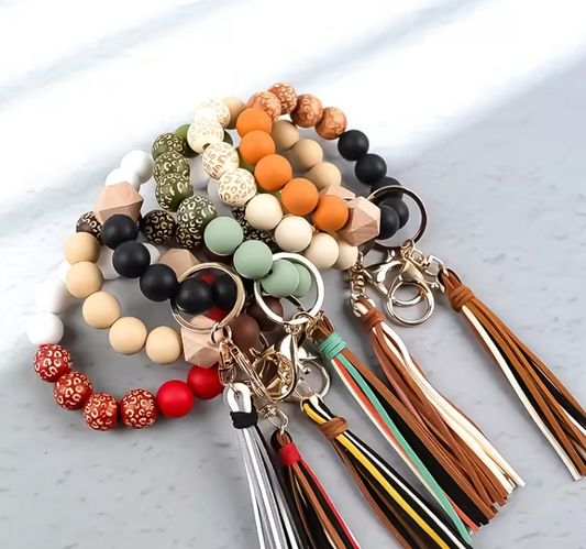Silicone Bangle Beaded Wristlet Swivel Keychain with Tassel