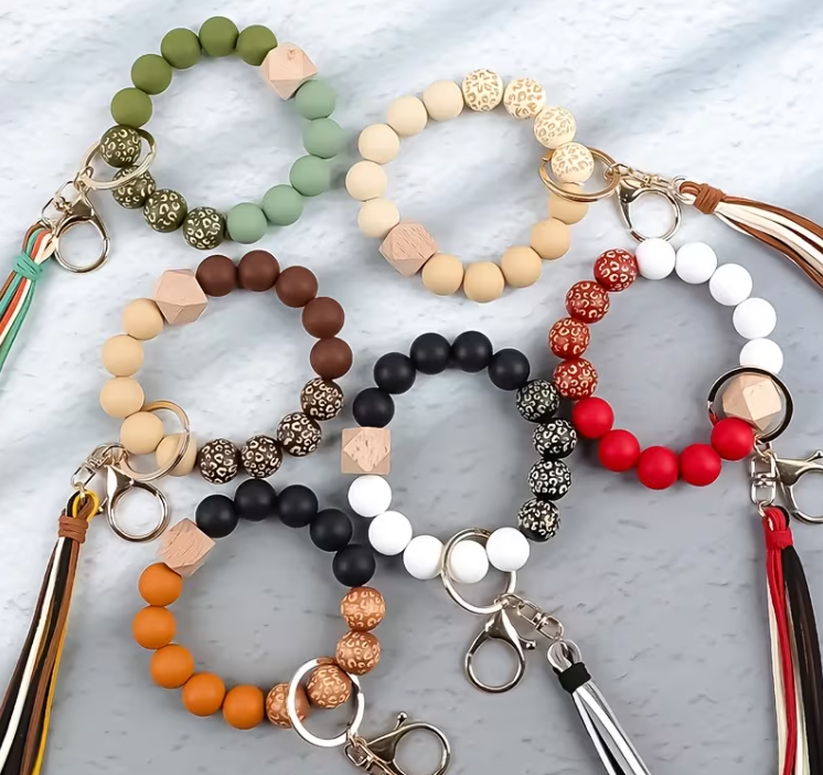 Silicone Bangle Beaded Wristlet Swivel Keychain with Tassel