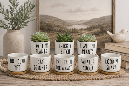 "I Will Survive" Witty Succulent Planter | 3 Inch Ceramic Plant Pot | Cactus Pot with Bamboo Tray | Plant Lover Gift