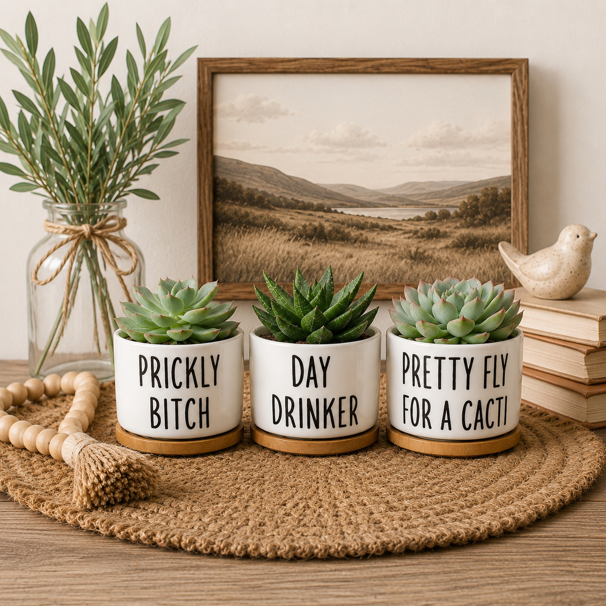I Wet My Plants | Witty 3 Inch Ceramic Planter with Bamboo Saucer | Cactus Planter | Gift for Plant Lover