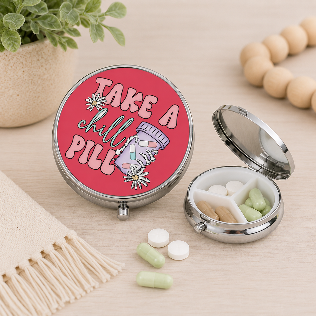 Take a Chill Pill Pill Case – Funny Pill Organizer – Cute Retro Medication Holder – Mental Health Humor Vitamin Box – Gift for Women