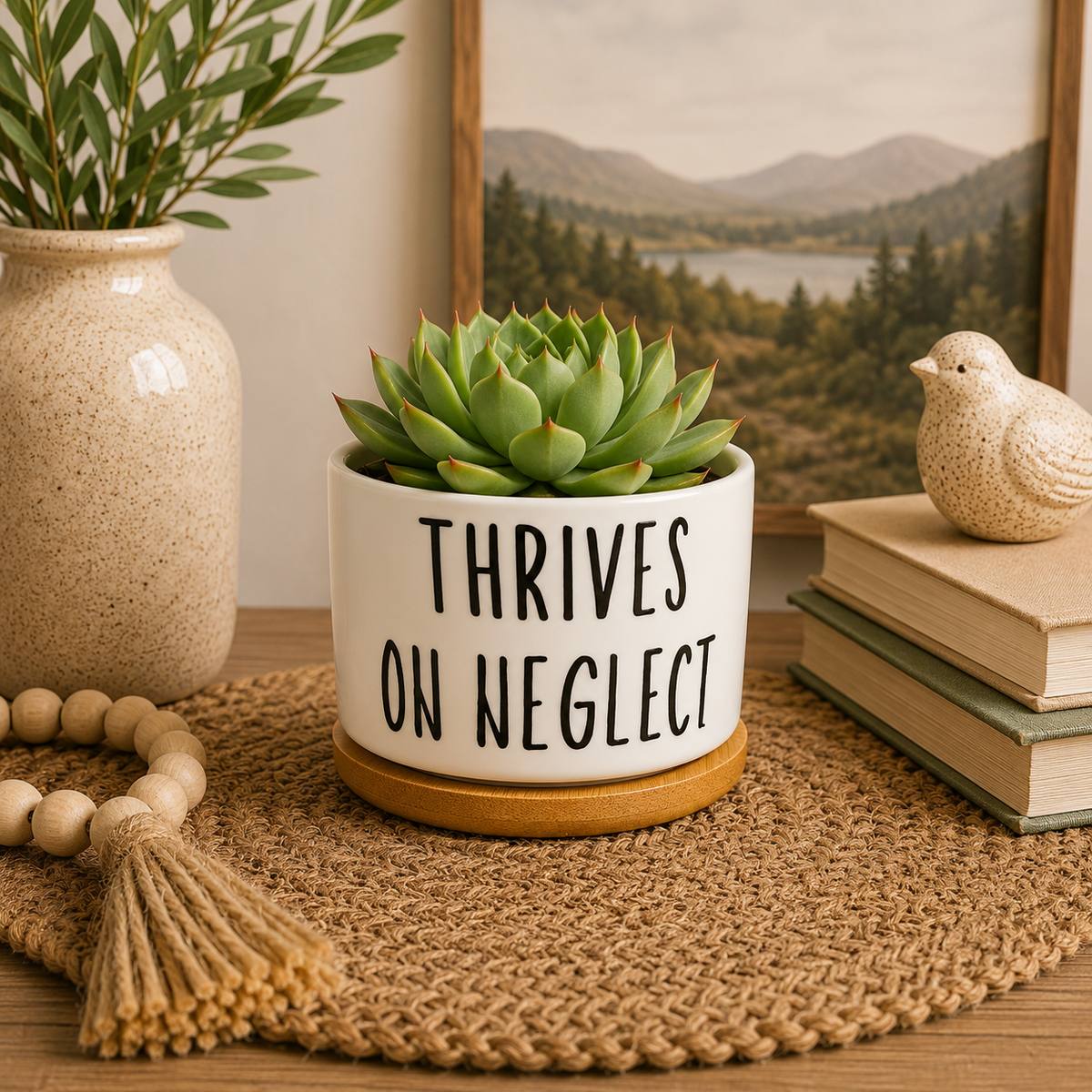 Witty "Thrives on Neglect" Succulent Planter | White Ceramic Plant Pot with Bamboo Tray | Cute Cactus Pot | Plant Lover Gift