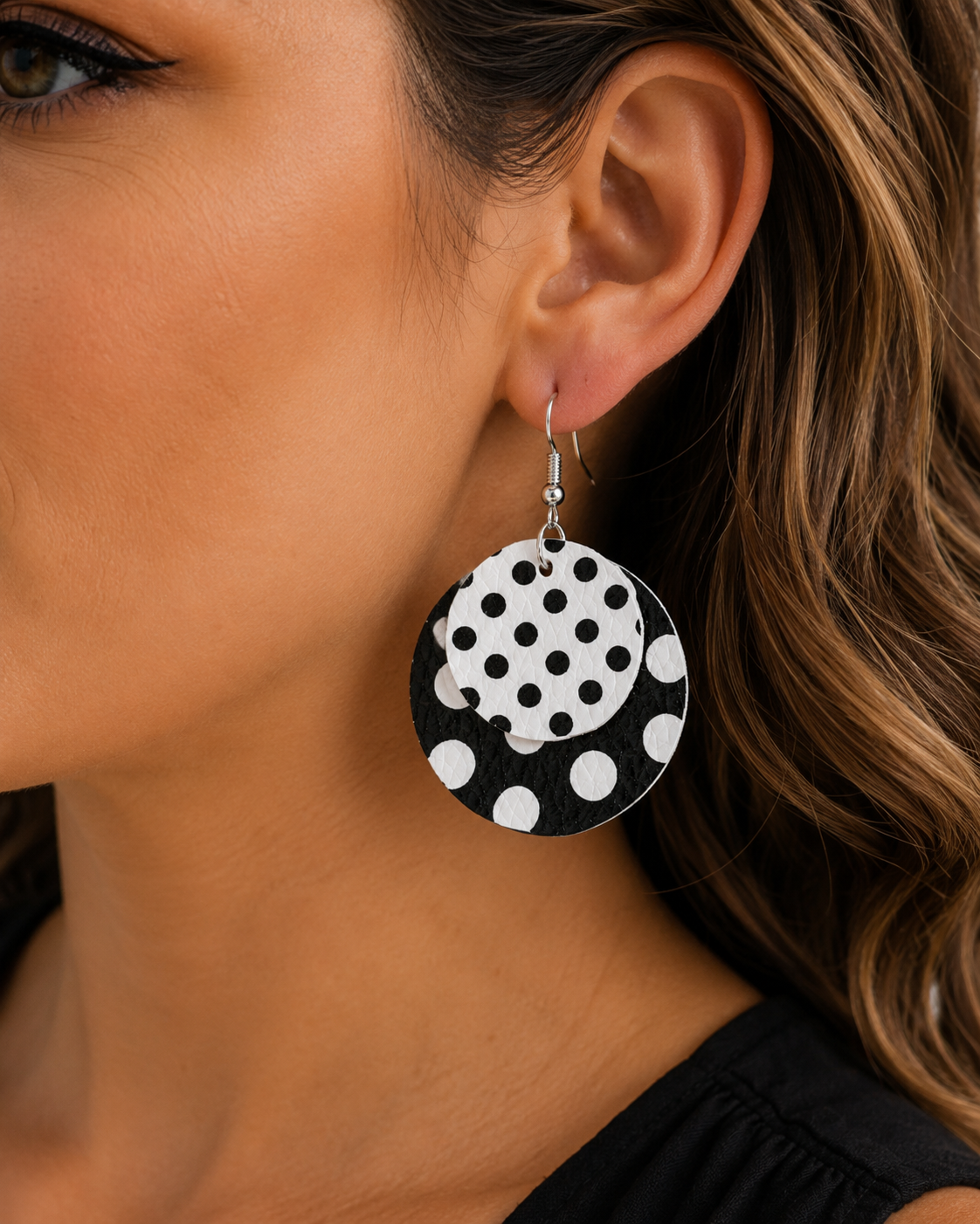 Black & White Polka Dot Double-Layer Leather Earrings | Retro Earrings