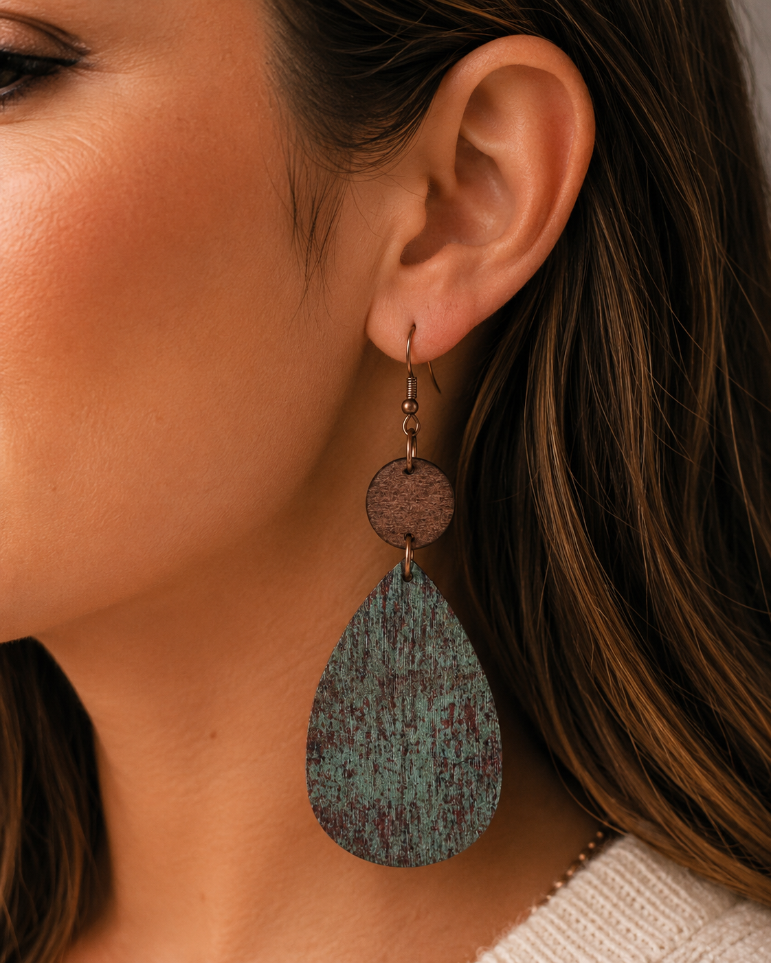 Distressed Water Drop Wooden Pendant Earrings | Boho Style Earrings | Western Style Earrings